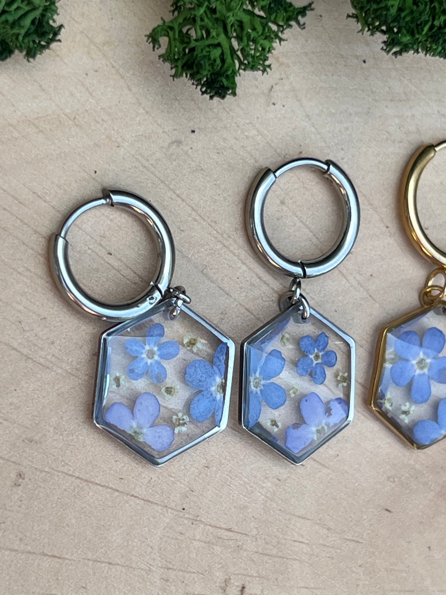 Hexagonohrringe mit Vergissmeinnicht und wilder Möhre