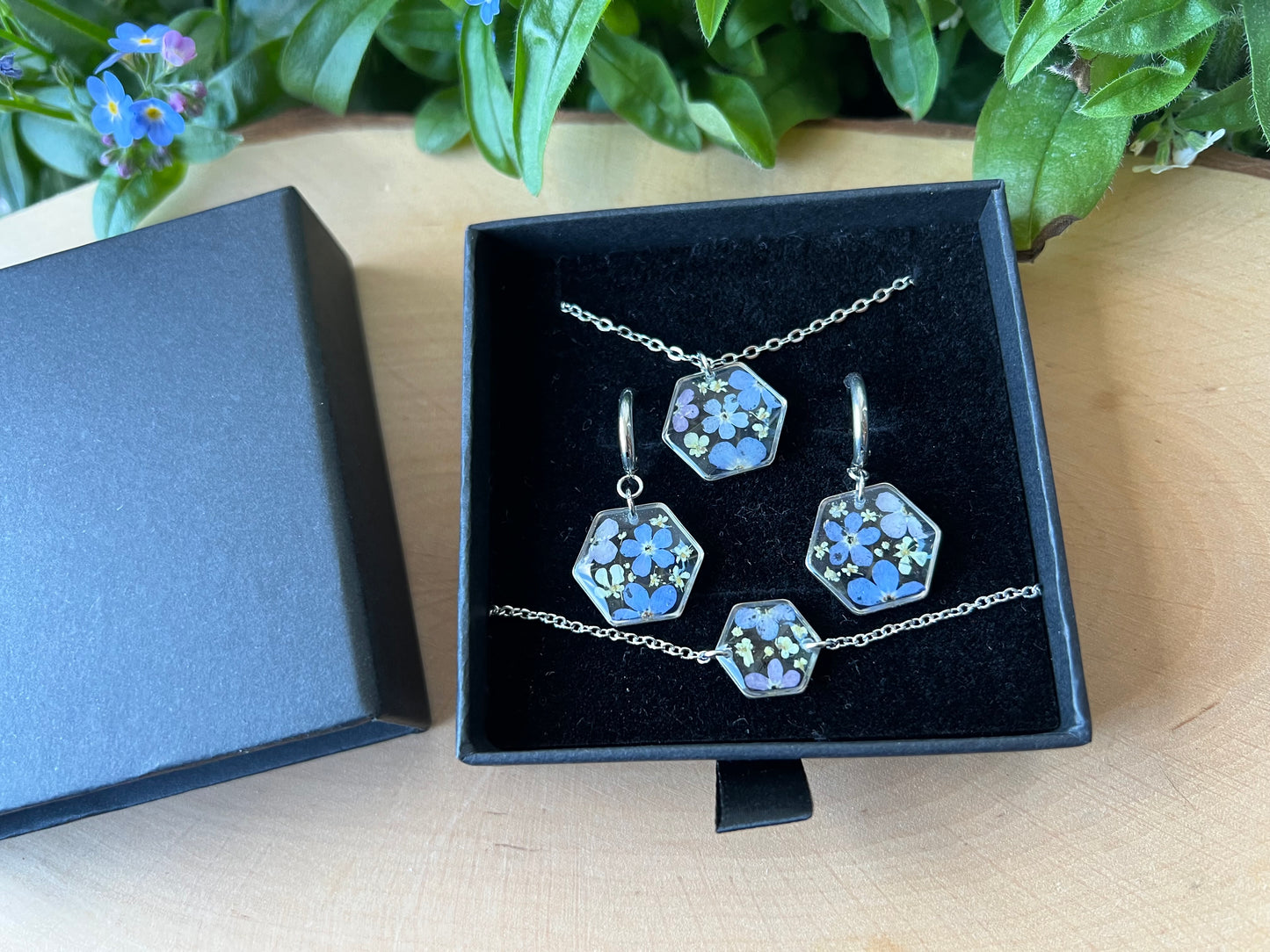 Schmuckset in Schachtel mit Vergissmeinnicht & Queen Anne - Silber
